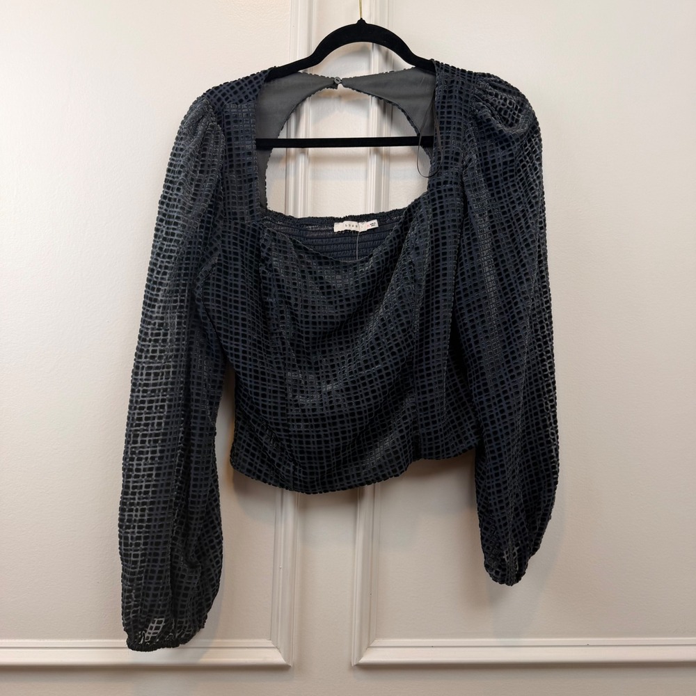 Lush Graphite Burnout‎ Velvet Grid Smocked Crop Top Puff Sleeve XL LT19670-003